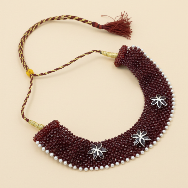Maroon Chatai Necklace with Three Silver Flower Charms & Pearl Border