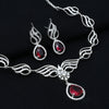 Luxury Silver Necklace and Earring Set Featuring Bold Blood Red Water Drop Stone.