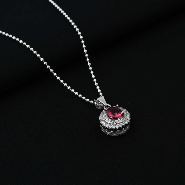 Silver Center Pink Gem Stone with Round Shape Pendant for Girls