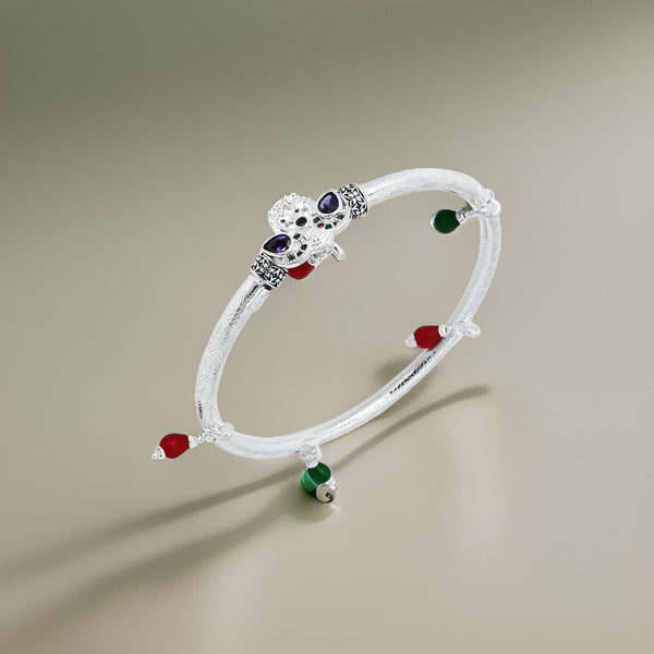 Silver Red and Green Bead with Peacock Design Kada Payal for Girls