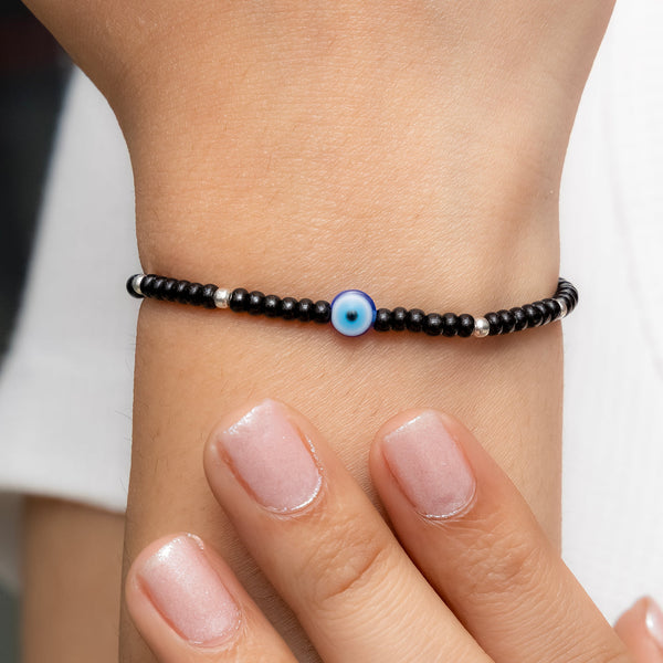 Black Beads Evil Eye Bracelet with Silver Accents - Aggarwal jewels