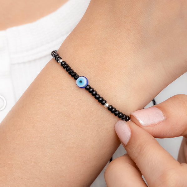 Black Beads Evil Eye Bracelet with Silver Accents - Aggarwal jewels