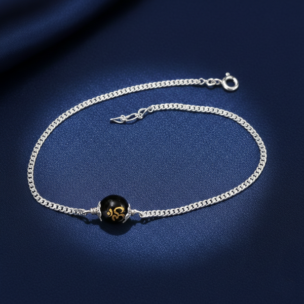 Sterling Silver Om Black Bead Chain Bracelet - Aggarwal jewels