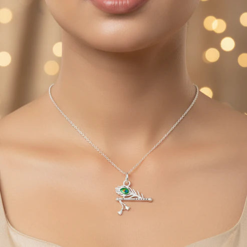 Pure Silver Flute Pendant with Morpankh Detailing - Aggarwal jewels