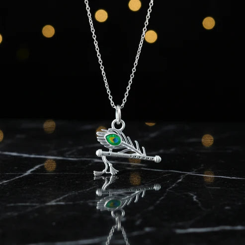 Pure Silver Flute Pendant with Morpankh Detailing - Aggarwal jewels