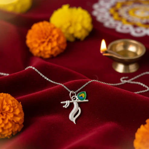 Silver Krishna Flute Pendant with Morpankh Design - Aggarwal jewels